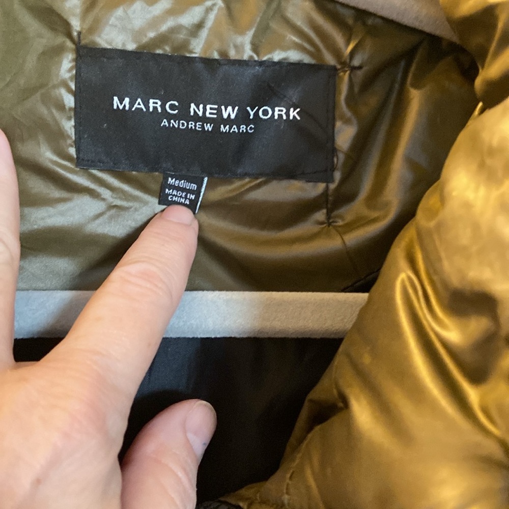 Andrew Marc long olive green puffer coat with furred hood. Zipper, snaps. Med - Picture 4 of 7